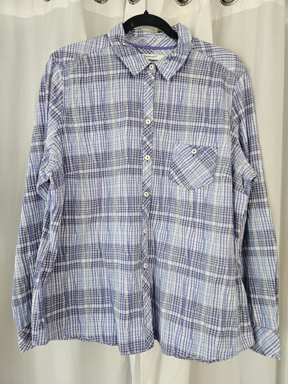 Foxcroft Light Blue & White Plaid Button-Down Shirt